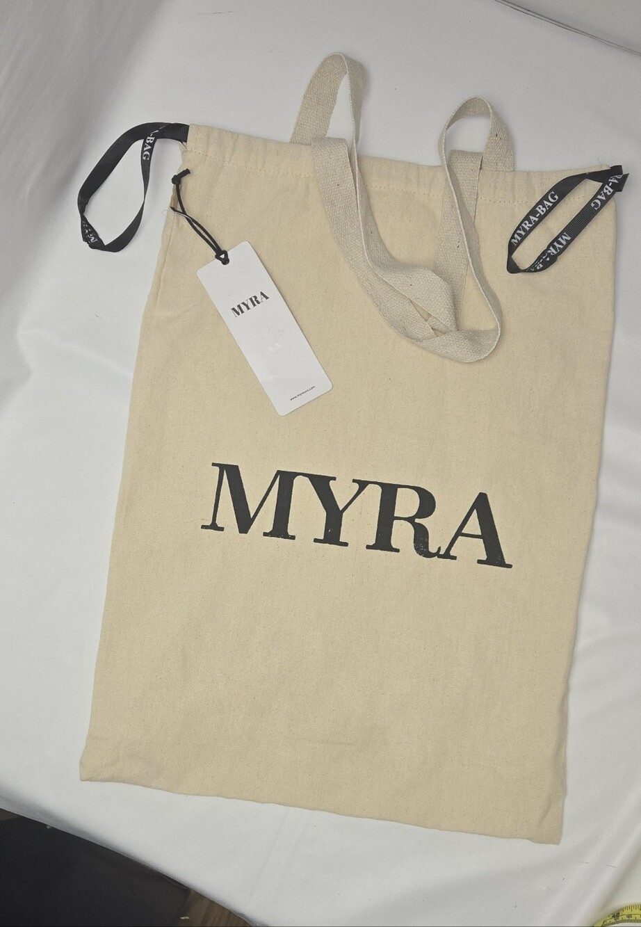 Myra Bag Beige Canvas Dust/Tote with Black Logo and Accents "Smile More Today"